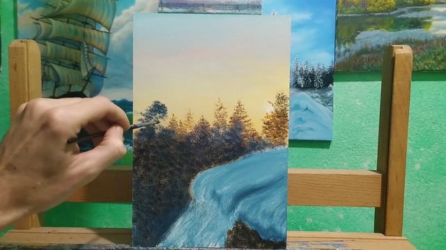 Как рисовать закат и хвойные деревья|как смешать цвет снега| Алла Прима art