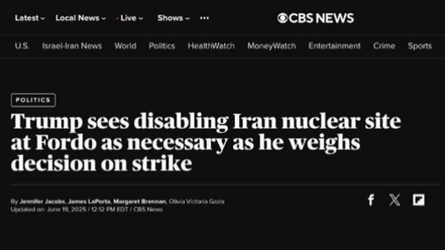 ‼️🇺🇸🇮🇷 Трамп рассматривает возможность удара по ядерному объекту в Фордо — ситуация вокруг Ирана