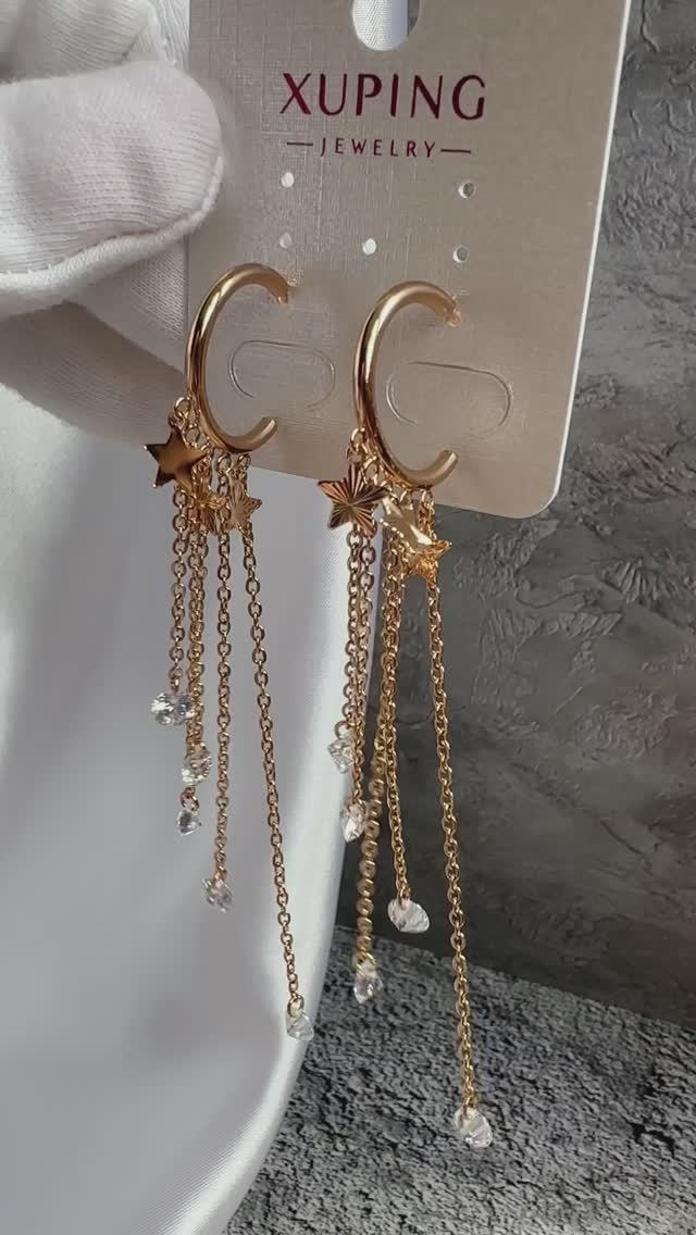 Серьги-полукольца с дождиком из фианитов, Xuping Jewelry