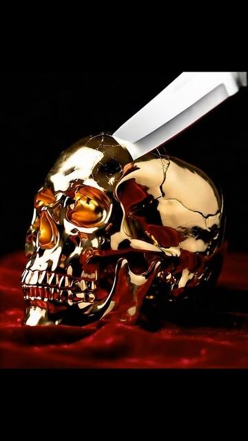 A golden skull, sliced like cheese with a kitchen knife.