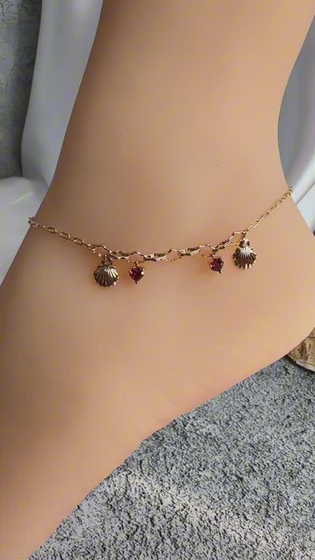 Браслет на ногу с ракушками и сердцами из красных цирконов, Xuping Jewelry