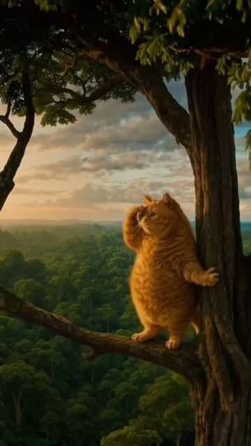 Котик залез на высокое дерево