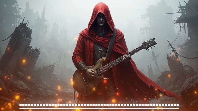 Guitar Hero in the Fog | Постапокалиптическая метал-сцена с красной фигурой в капюшоне