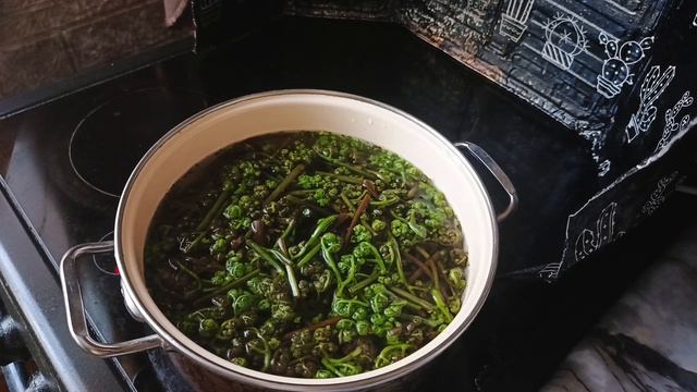 Жареный папоротник со свиными ребрышками