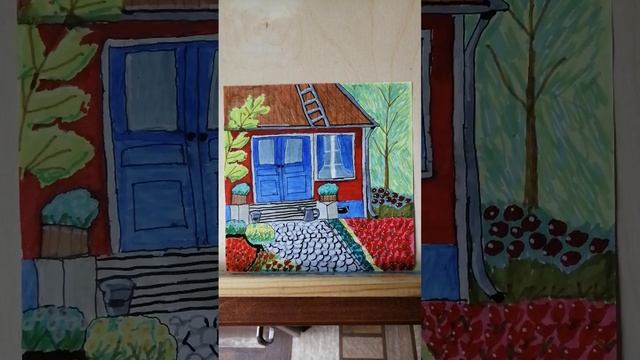 ДАЧНЫЙ ДОМИК. Спиртовые маркеры,цветные капиллярные ручки, белый перманентный маркер, формат19*19см.