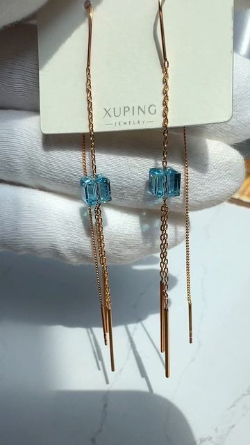 Длинные серьги-продёвки с голубым кристаллом-кубиком Сваровски, Xuping Jewelry