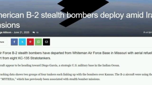 ⚡Американские бомбардировщики B-2 вылетели в направлении военной базы в Индийском океане