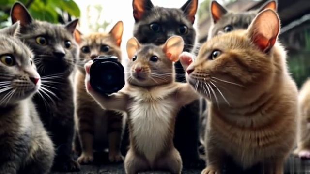 Коты напали на мышку