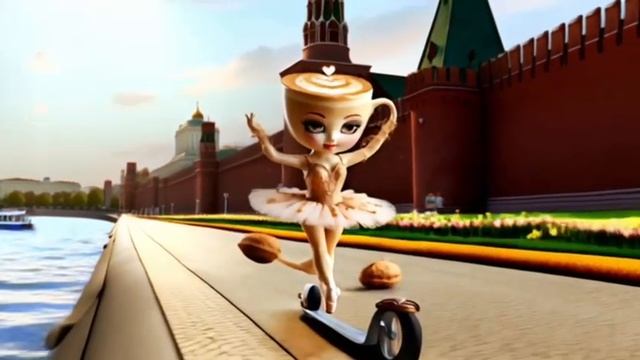 Балерина капучино катается на самокате по Кремлёвской набережной в Москве.