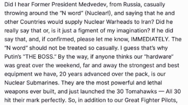 ‼️🇷🇺🇺🇸Трамп отреагировал на слова Медведева о ядерных боеголовках для Ирана
