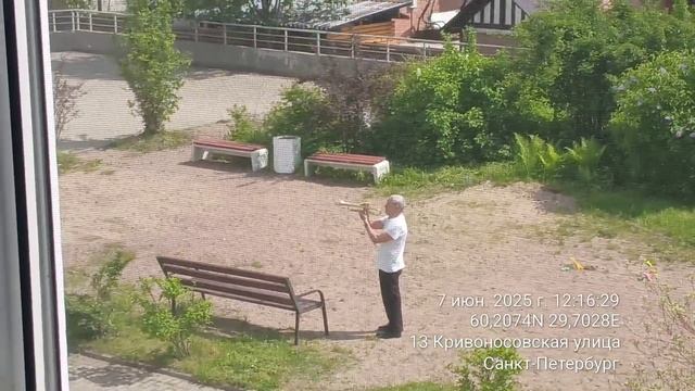 Трубач во дворе дома.