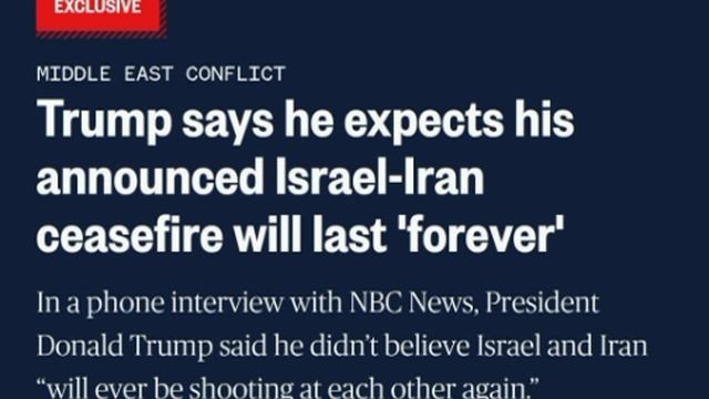 Трамп ожидает, что объявленное им прекращение огня между Израилем и Ираном будет "вечным".