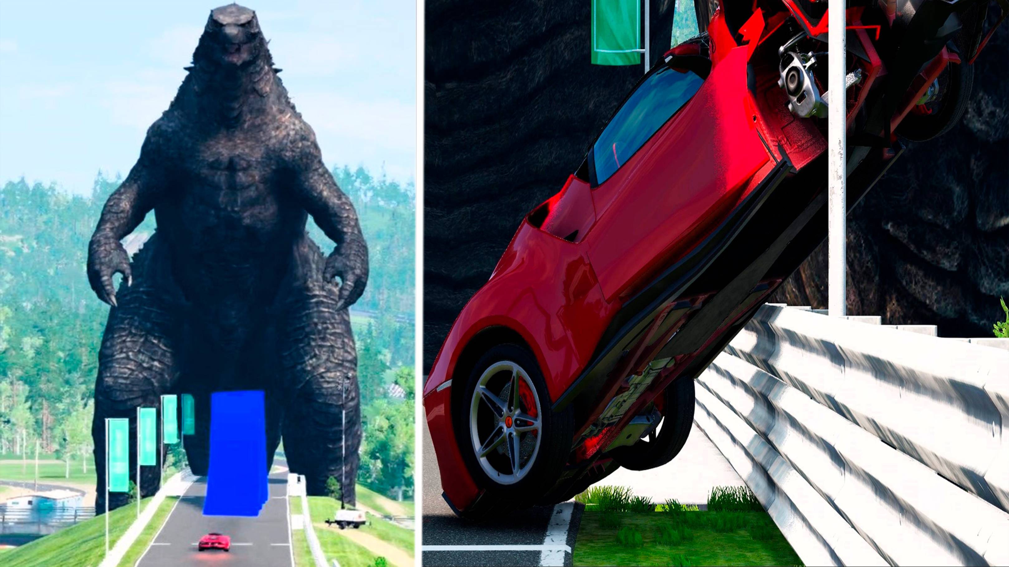 Красная машинка врезается в большую Годзиллу в игре BeamNG.drive