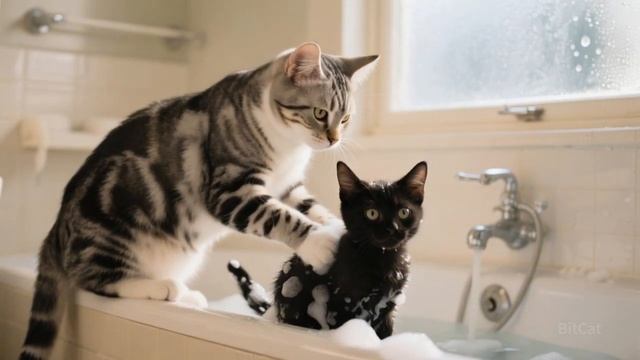 🐱👤 Путешествие доброты: семья мамы-кошки спасает бездомного черного котенка！
