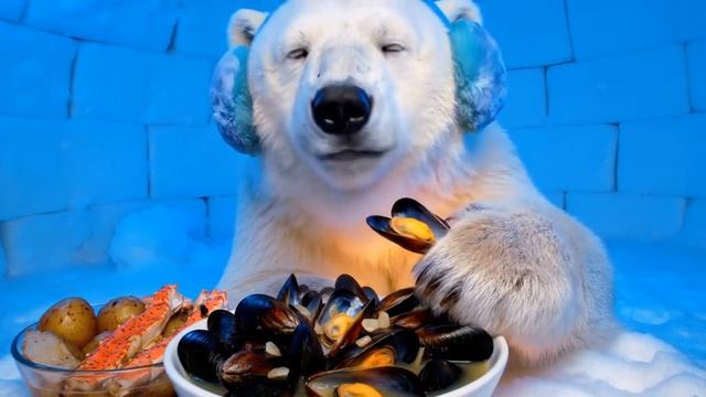 МЕДВЕДЬ ПРОБУЕТ ВКУСНЫЕ МОРЕПРОДУКТЫ 🦀 ASMR BEAR 🐨 НЕЙРОСЕТЬ VEO 3
