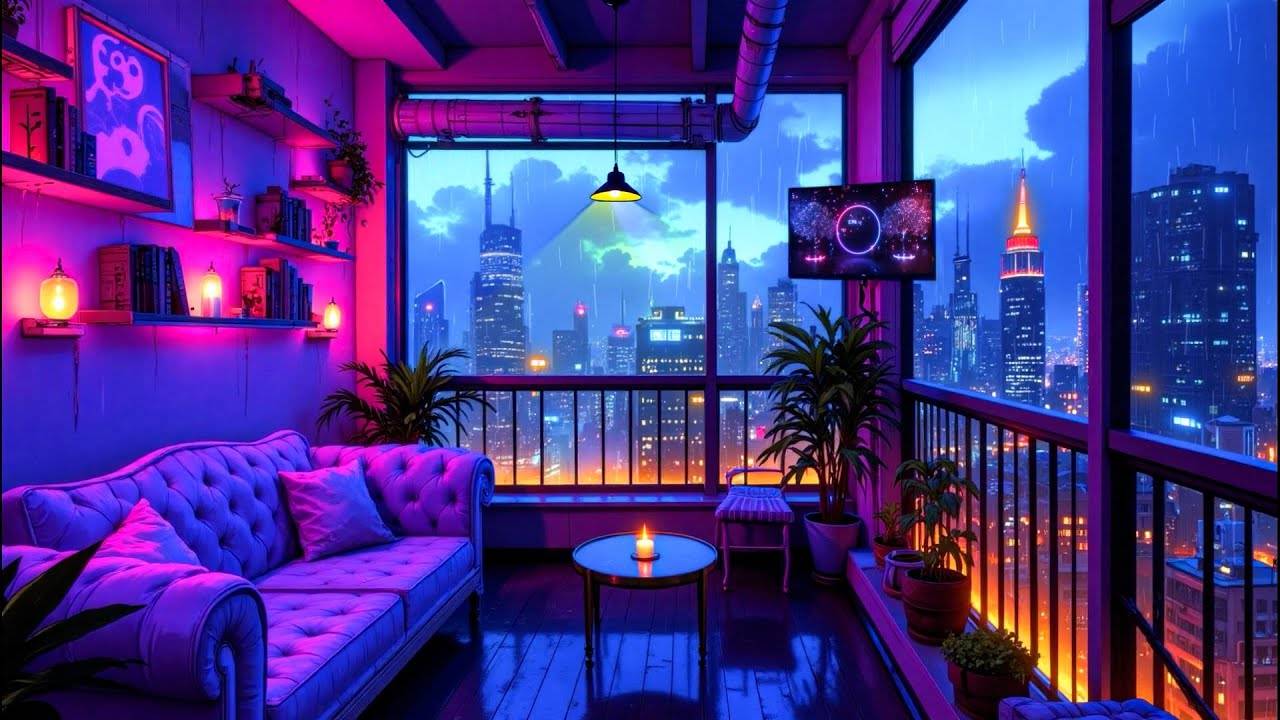 A Cozy Moment in 1990s Lofi City 🌧️ Chill Balcony Between Two Eras   Lofi Rain Playlist