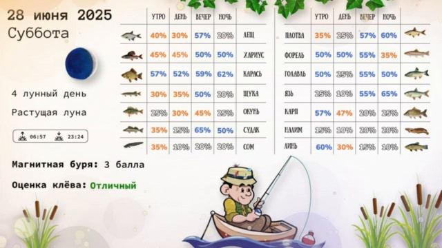 🎣  Прогноз клёва рыбы на 28 июня в субботу по фазе и состоянию луны, магнитных бурь и погоде