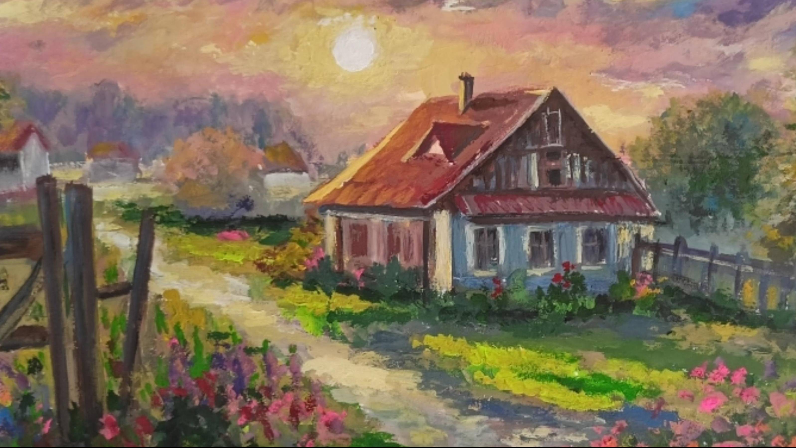 Деревенский пейзаж гуашью