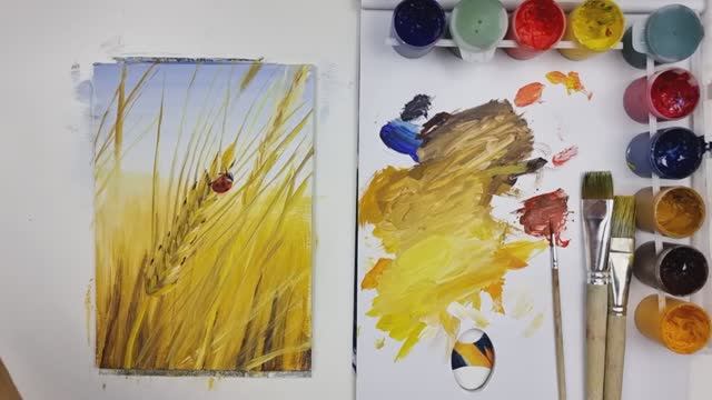 Рожь. Божья коровка гуашью