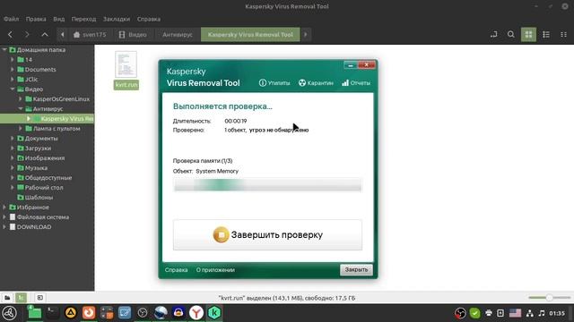 Запуск приложения Kaspersky Virus Removal Tool в ОС Green Linux.