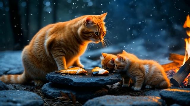 Мама с котёнком собирают и красят камни из волшебного водопада.
