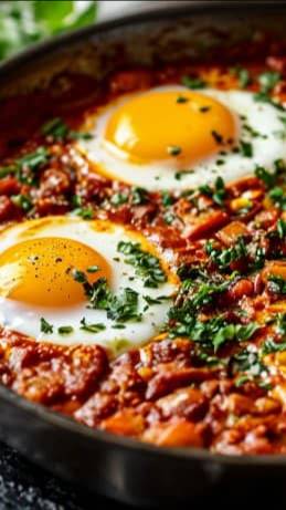 Шакшука с мясом на сковороде