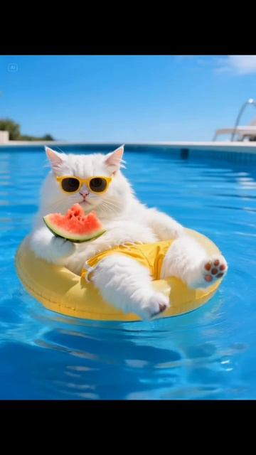 КОТИК ПЛАВАЕТ В БАССЕЙНЕ И ЕСТ АРБУЗ 🍉