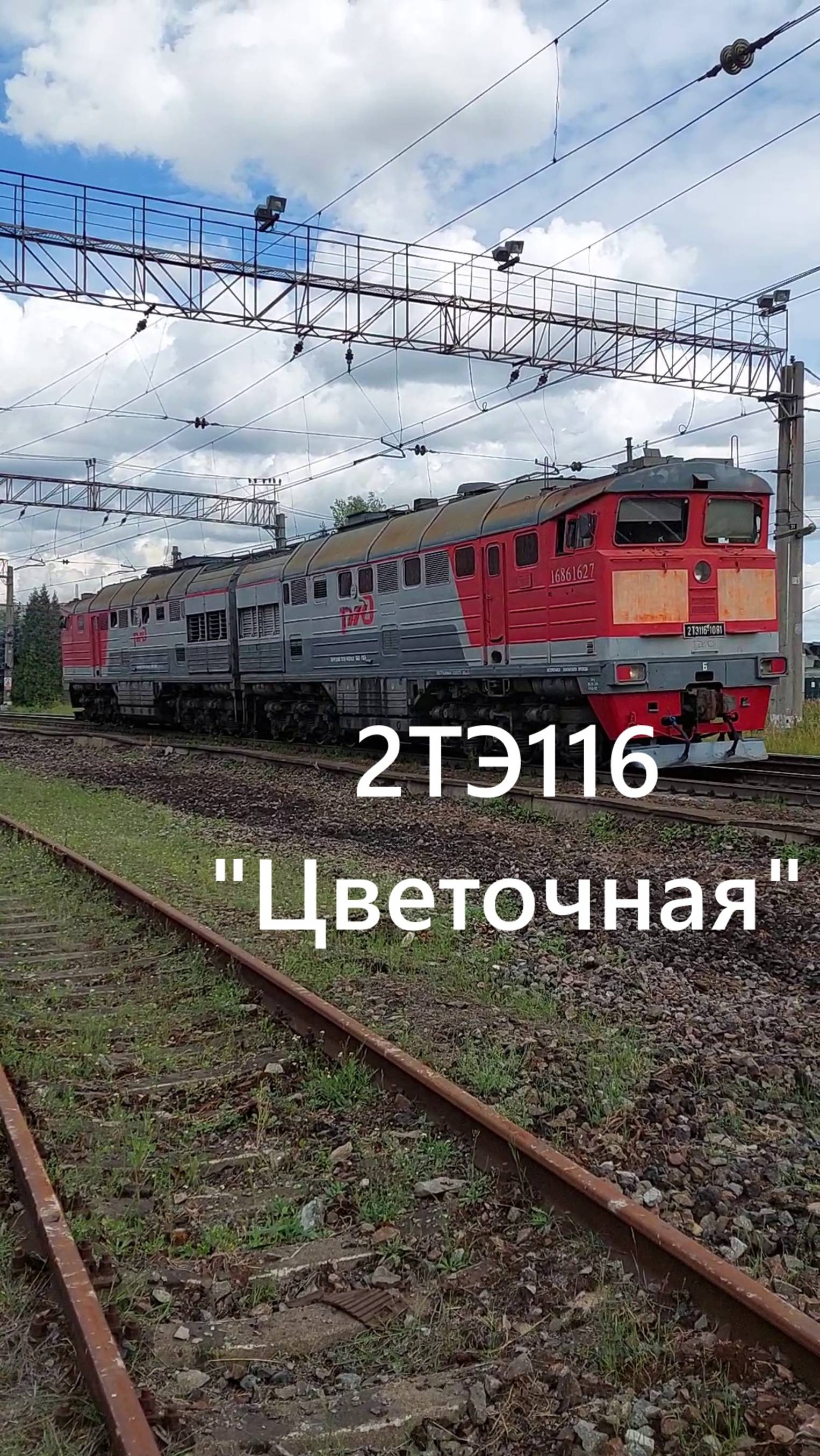 Тепловоз 2ТЭ116 пролетает непассажирскую станцию "Цветочная" около Московского проспекта