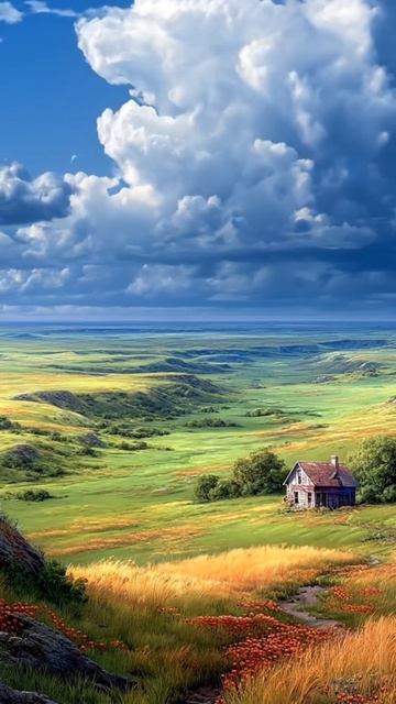 Величественные Холмы Флинт в Канзасе: Симфония Цвета под Грозовым Небом 🌾⛈️