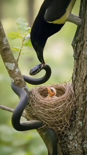Птица защищает от змеи птенца