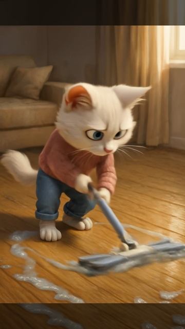 Котик моет пол