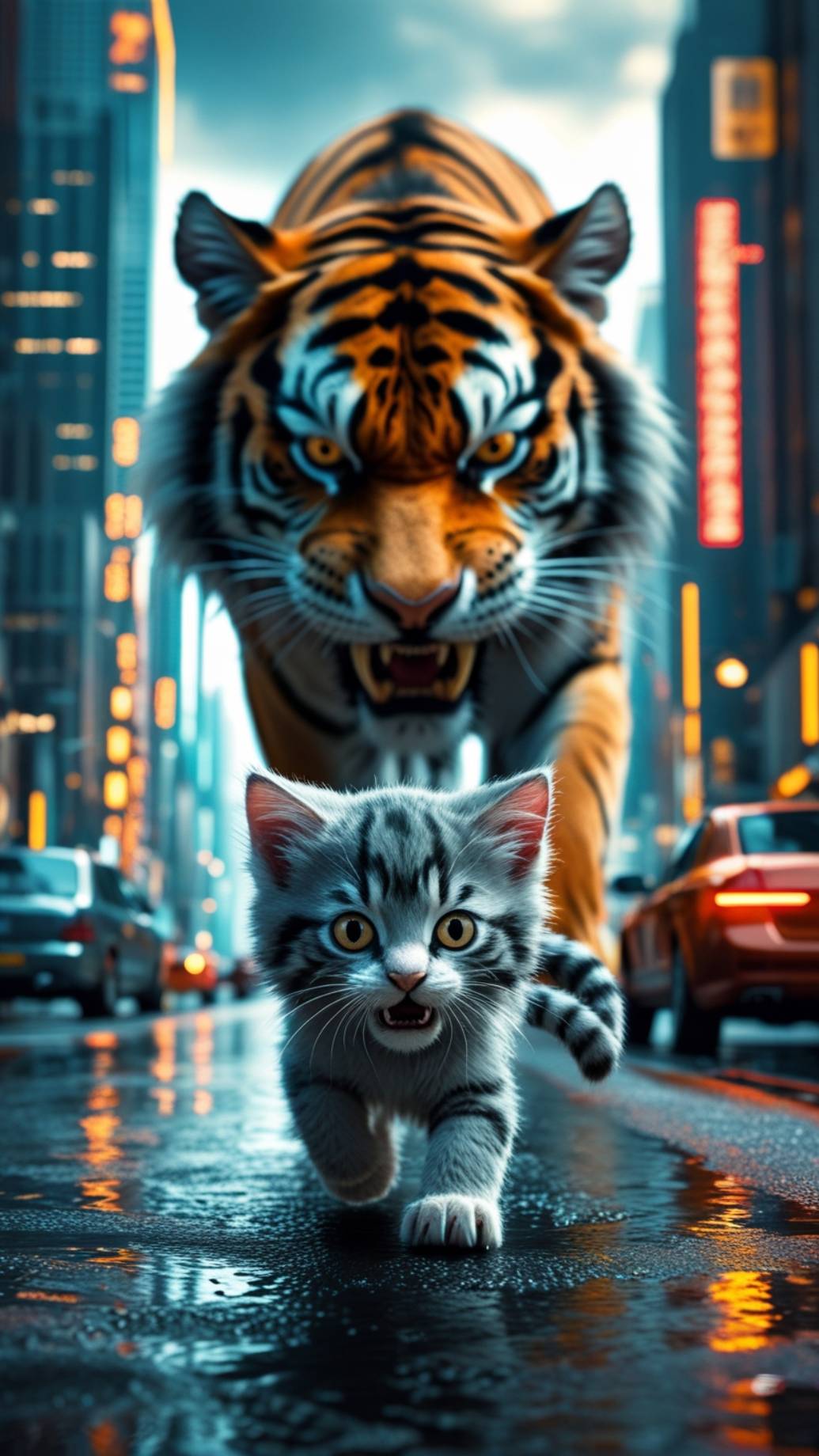 Котёнок убегает от тигра и прячется на дереве 🐱🐯  Напряжённое и смешное видео!