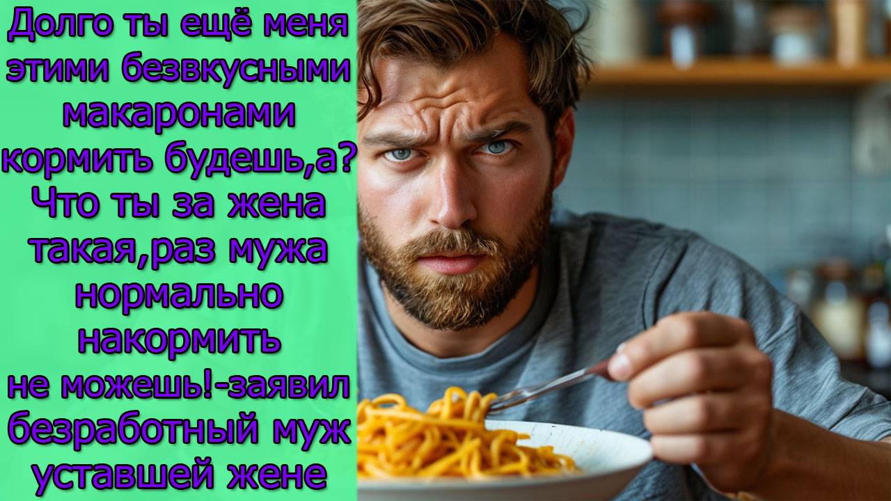 Долго ты ещё меня этими безвкусными макаронами кормить будешь,а?Что ты за жена такая,раз мужа...