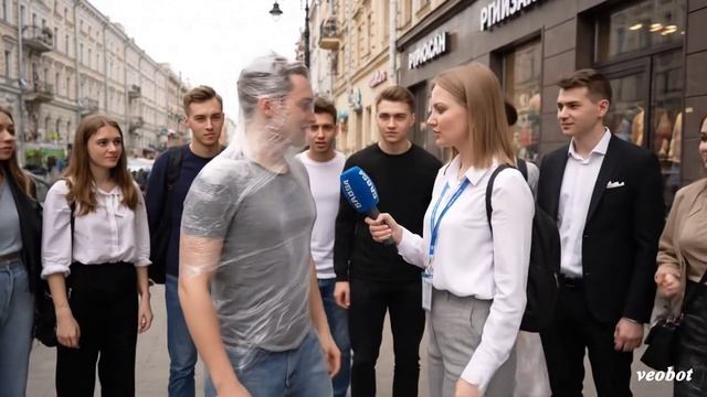 Парень бежит по улице, обмотанный стрейч-пленкой.