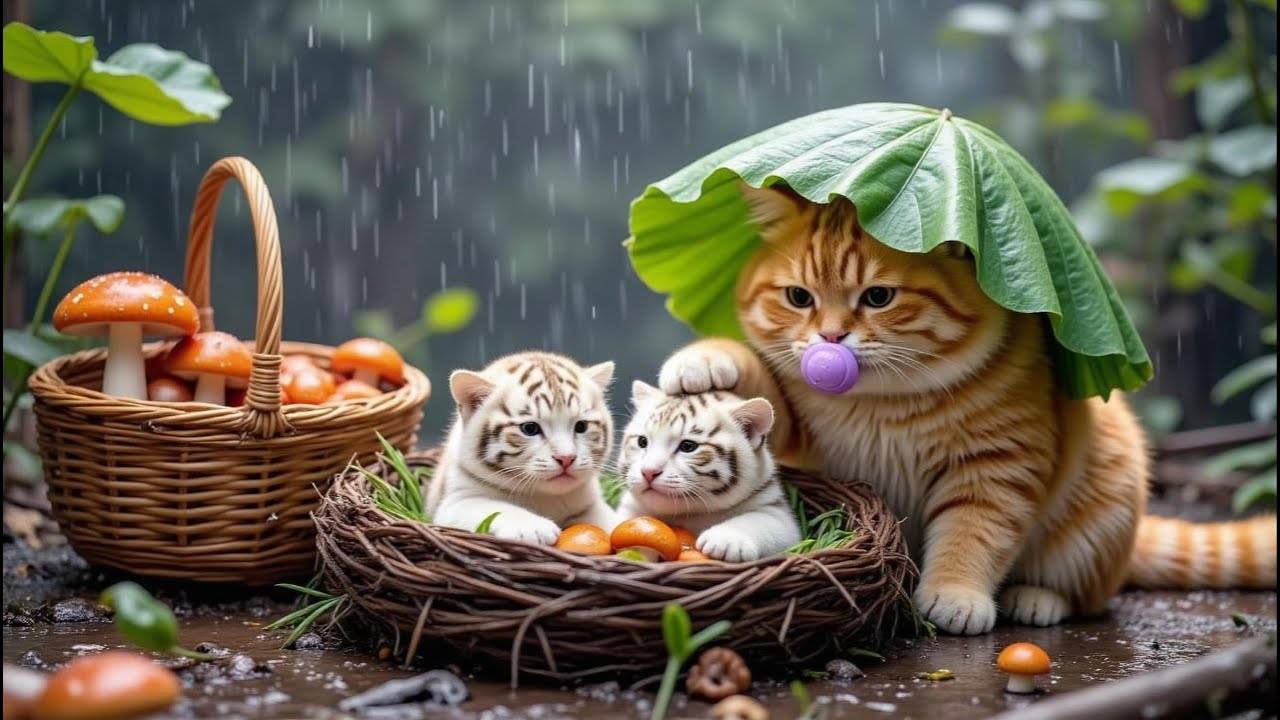 🐾✨ Рыжий котёнок спасает двух потерявшихся белых тигрят в лесу! 🐯🍄❤️ и приносит их домой! 🐾🍄🐯