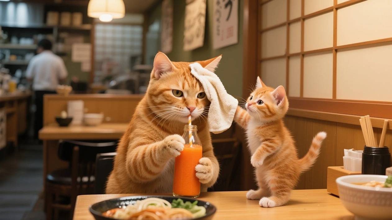 🍜🐱 Мама-кошка варит рамен ради мечты котёнка! Трогательная история труда и любви