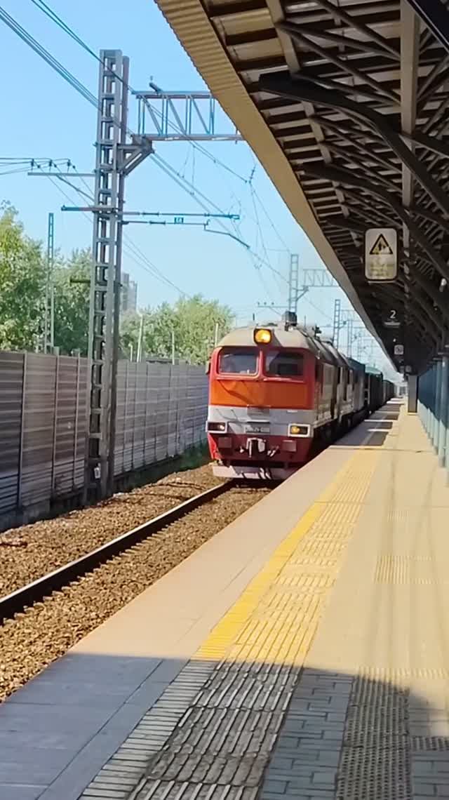 Тепловз 2М62У-0200 (ТЧЭ-2) с грузовым поездом.