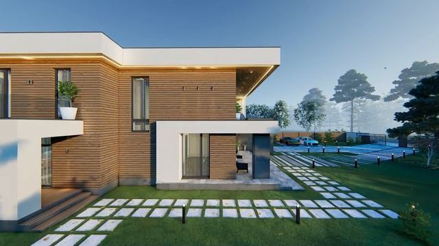 Современный загородный дом с плоской кровлей