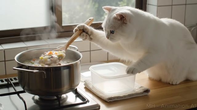 Кошка мама и котёнок  занимаются разными делами.