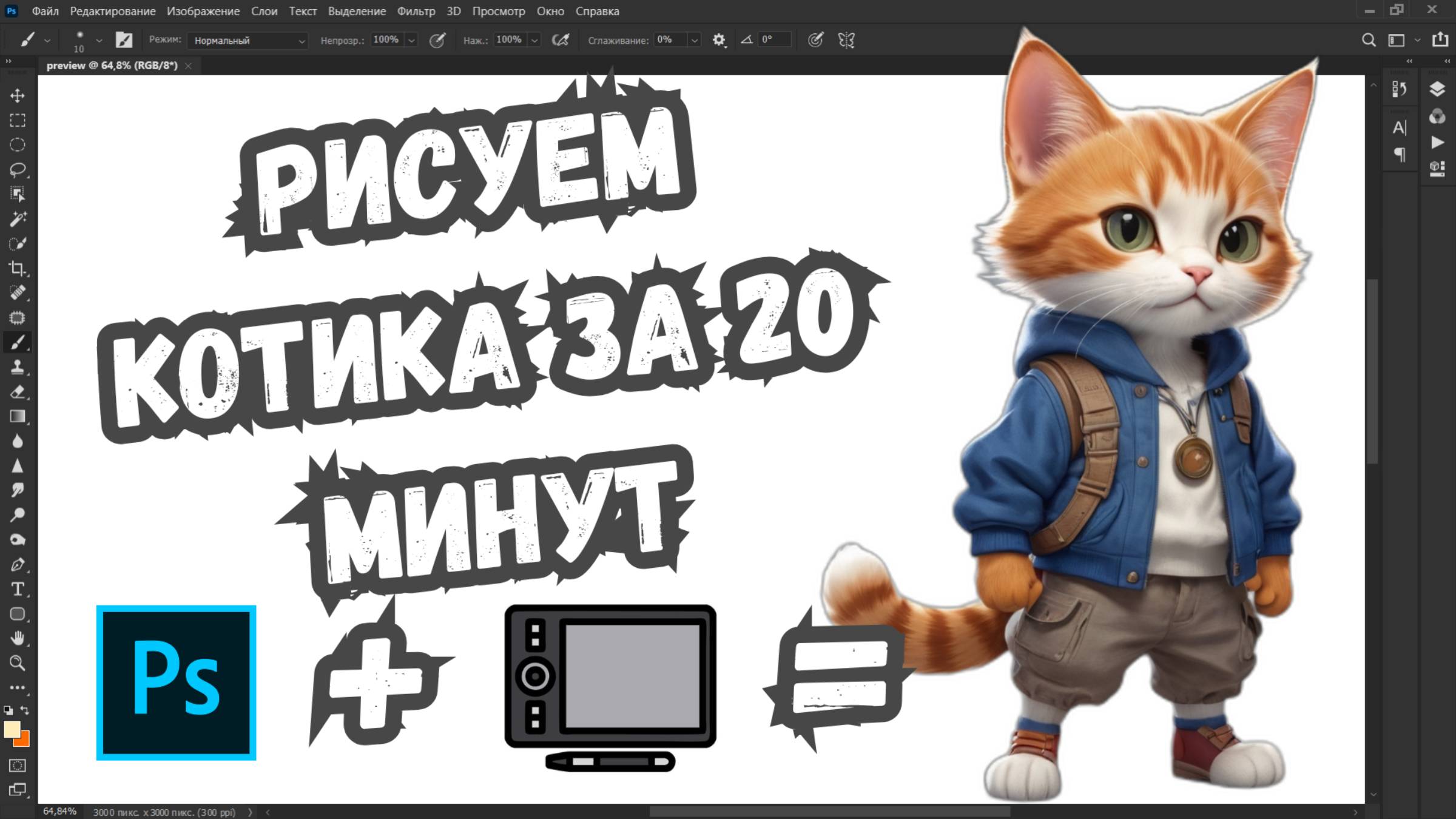 Простое рисование в Photoshop по Фану – Славный котик на планшете