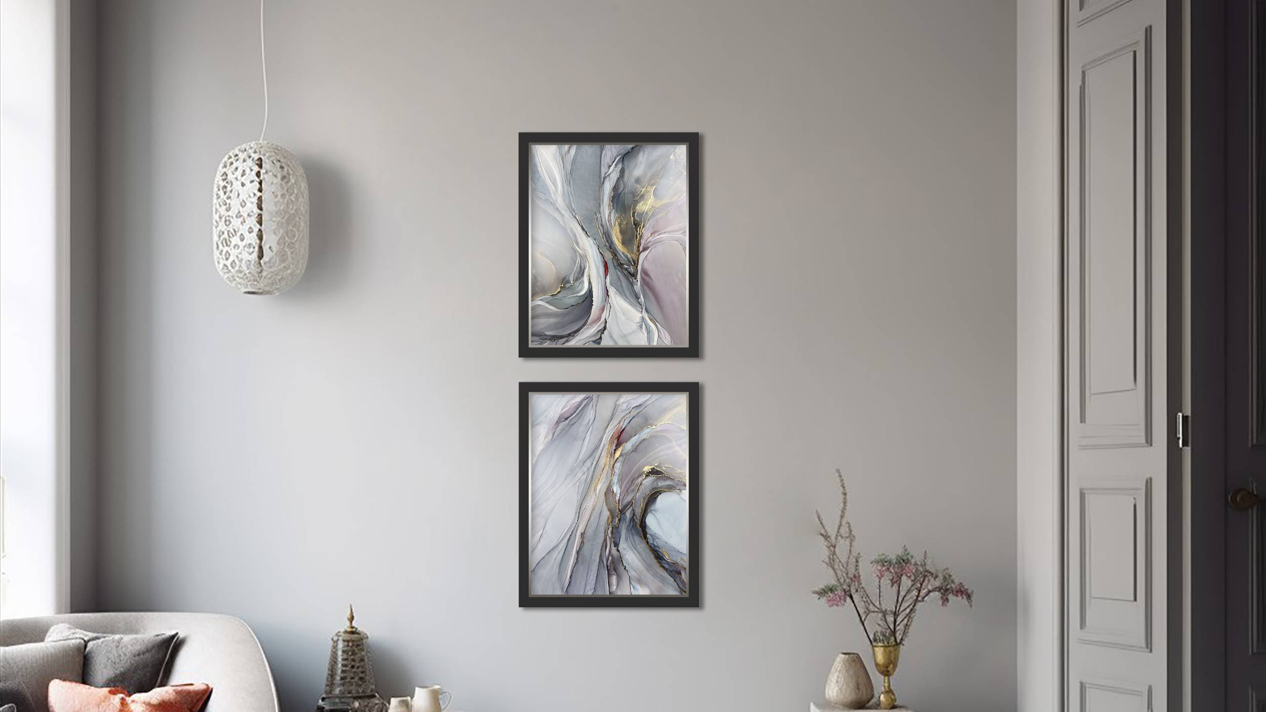 Модульная картина-абстракция для интерьера с золотом, диптих — 2 шт 40х50 см спиртовыми чернилами