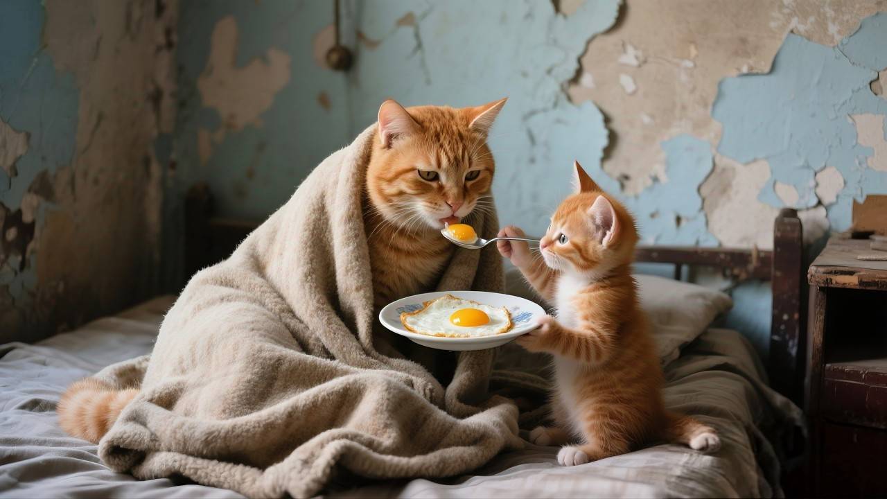 Котенок преодолевает опасность, чтобы собрать яйца для больной Мамы–Кошки