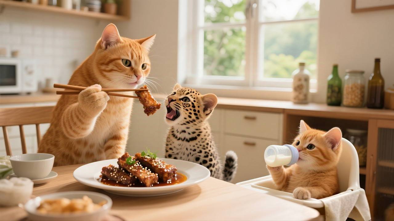 Мама–Кошка спасает Раненого Детеныша Леопарда, приносит Его Домой, Готовит Ребрышки