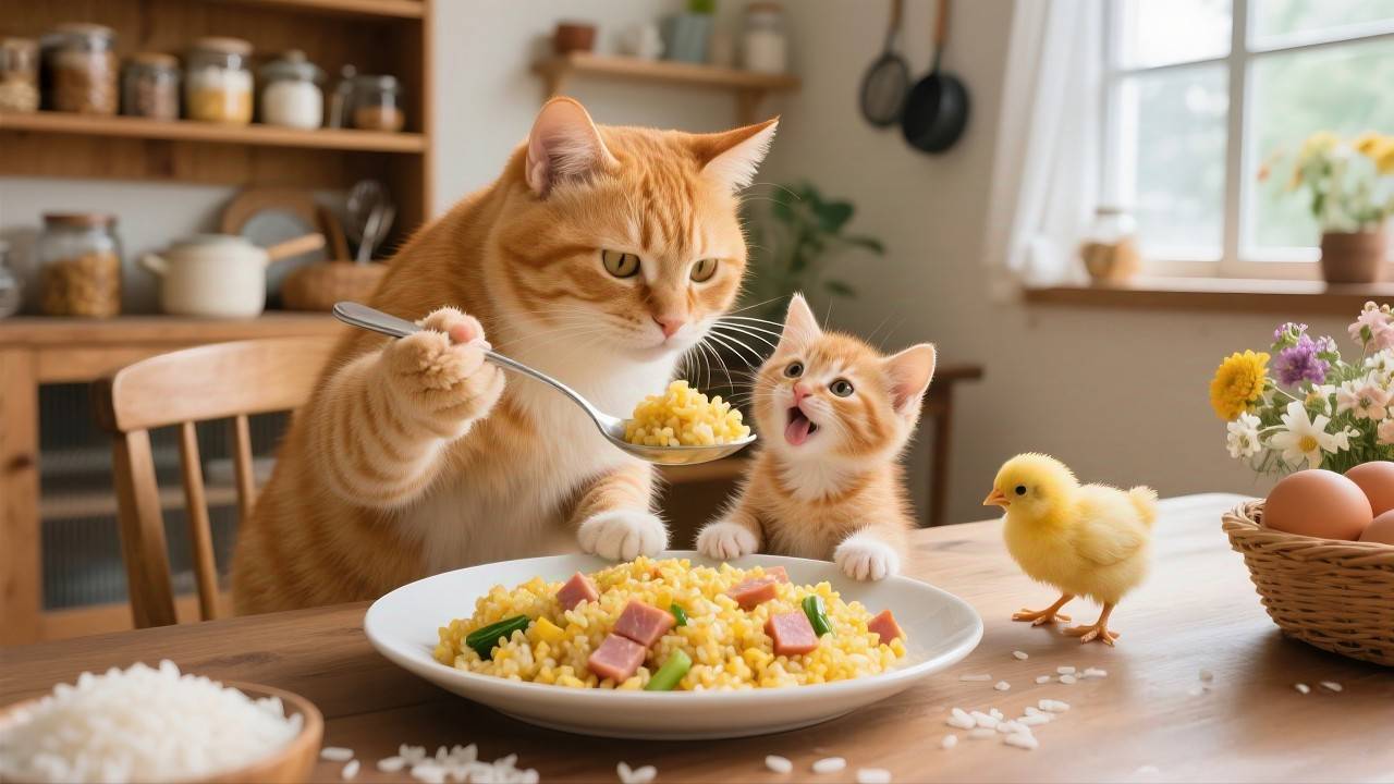 Мама–кошка собирает яйца, приносит домой, чтобы приготовить котятам жареный рис