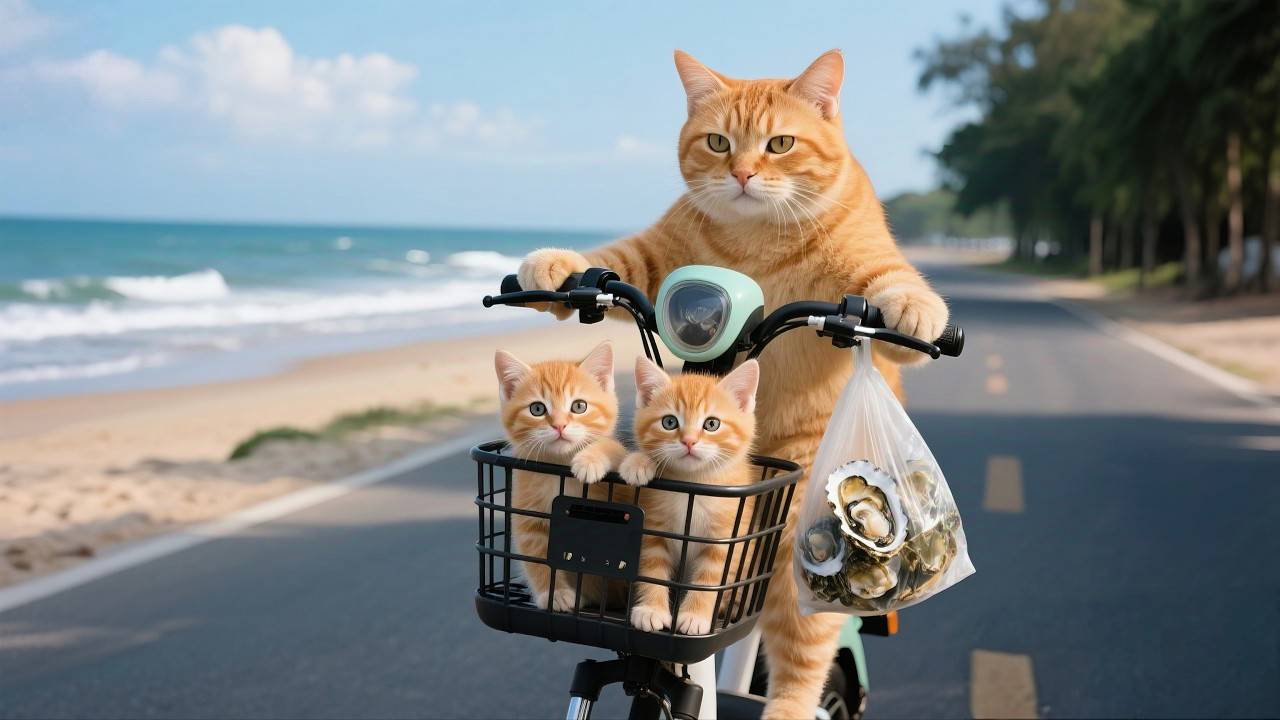 Мама-кошка собирает устриц у моря, возвращается домой, чтобы приготовить устриц на гриле для котят