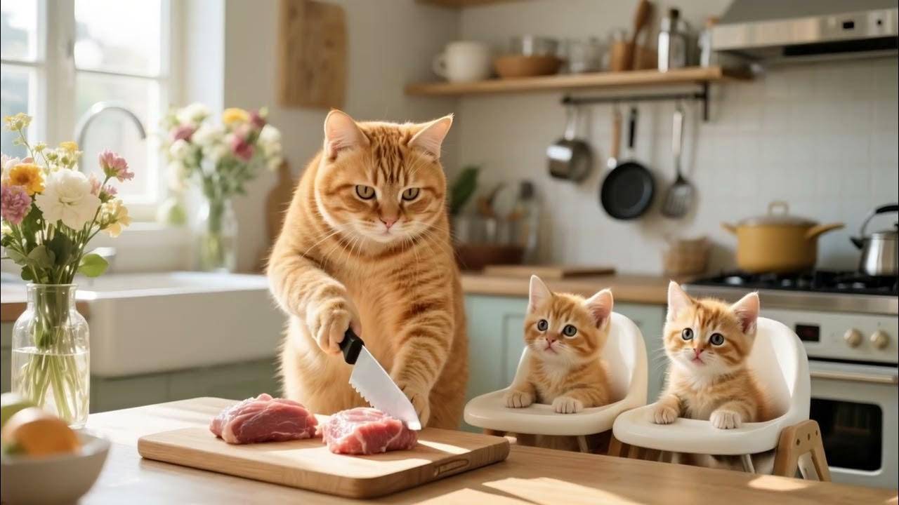 Мама-Кошка собирает свежие баклажаны, приносит домой и готовит жаркое из баклажанов с мясом