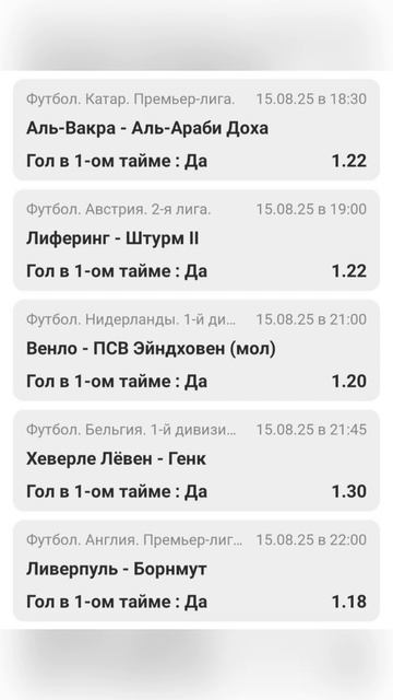 Топ матчи для гола в 1 тайме — 15.08.25