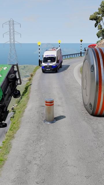 Cars & Ambulance Van vs Giant Pit Bollards Crash - BeamNG.Drive