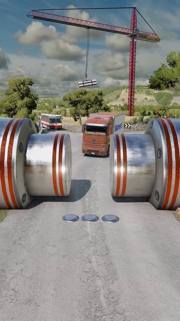 Flatbed Trailer Truck & City Bus vs Bollards crash #beamngdrive #shorts #bus