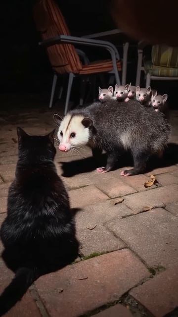 Кот встретил семью опоссумов
